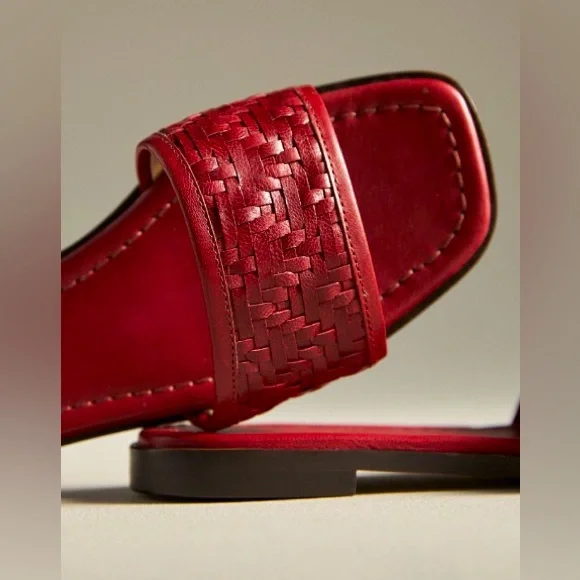 Anthropologie Leather Red Woven Slide Sandals/Size US 6-6.5 / EU 37 - Picture 4 of 4